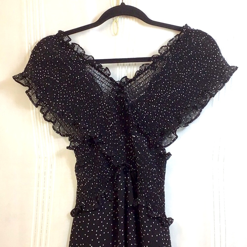 Lucy Paris Dorothy Black Chiffon White Dots Smocked Shoulder Sz.L Maxi Dress